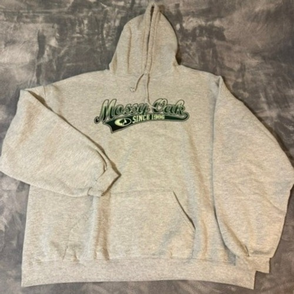 Mossy Oak Field Staff Hoodie Mens Size 2XL Gray Pullover Graphic Sweatshirt